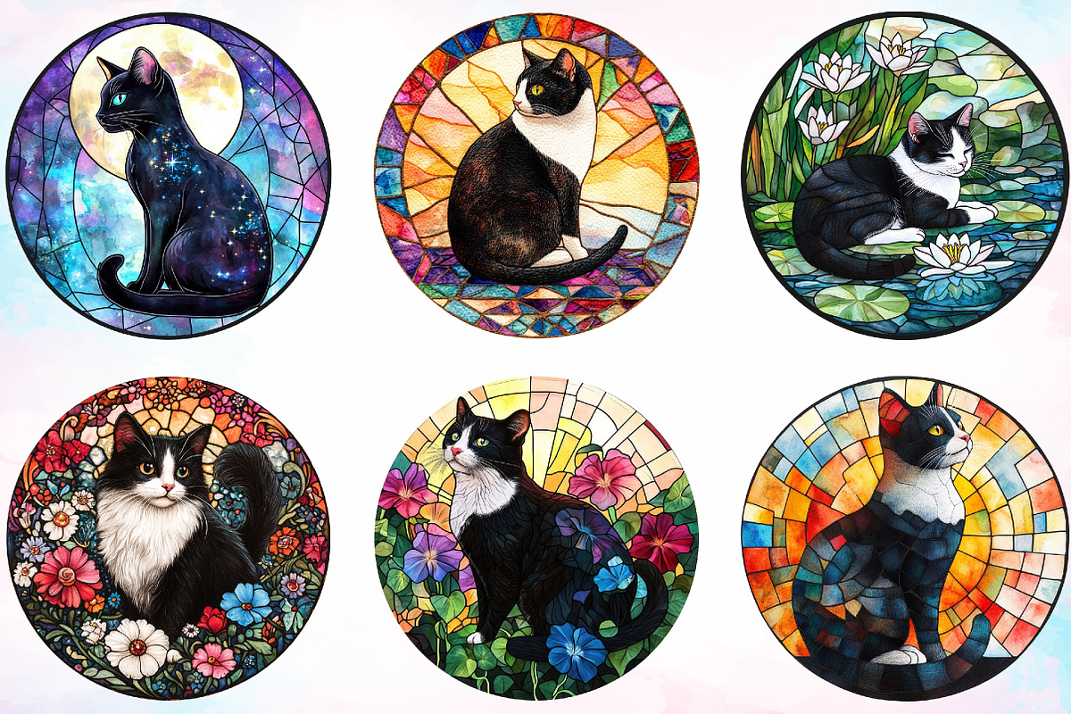 Round Stained Glass Tuxedo Cat, an Illustration by Canvas Craft (Photo 3 of 4)
