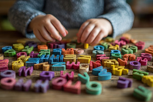 Child playing with colorful alphabet, a Photo by Pixeness Studio