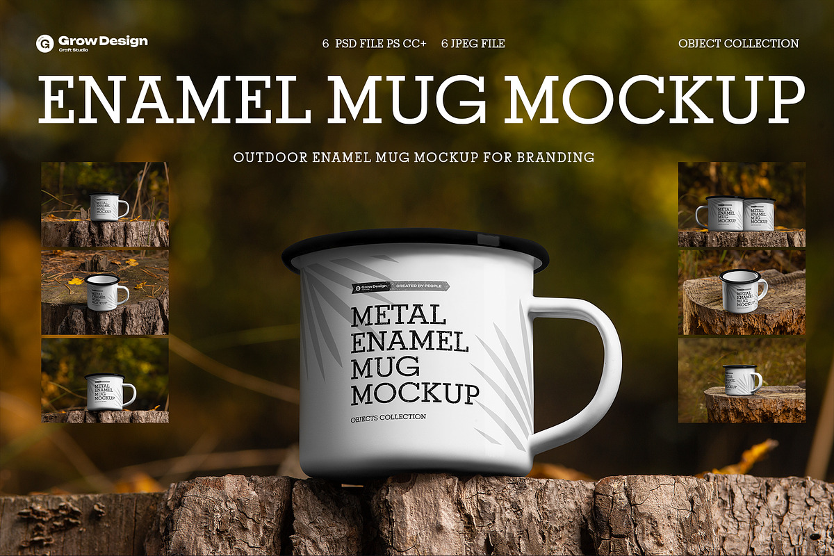 6 Enamel Mug Mockup. Rustic Outdoor, a Cups & Container Mockup by Grow Design Craft Studio (Photo 1 of 6)
