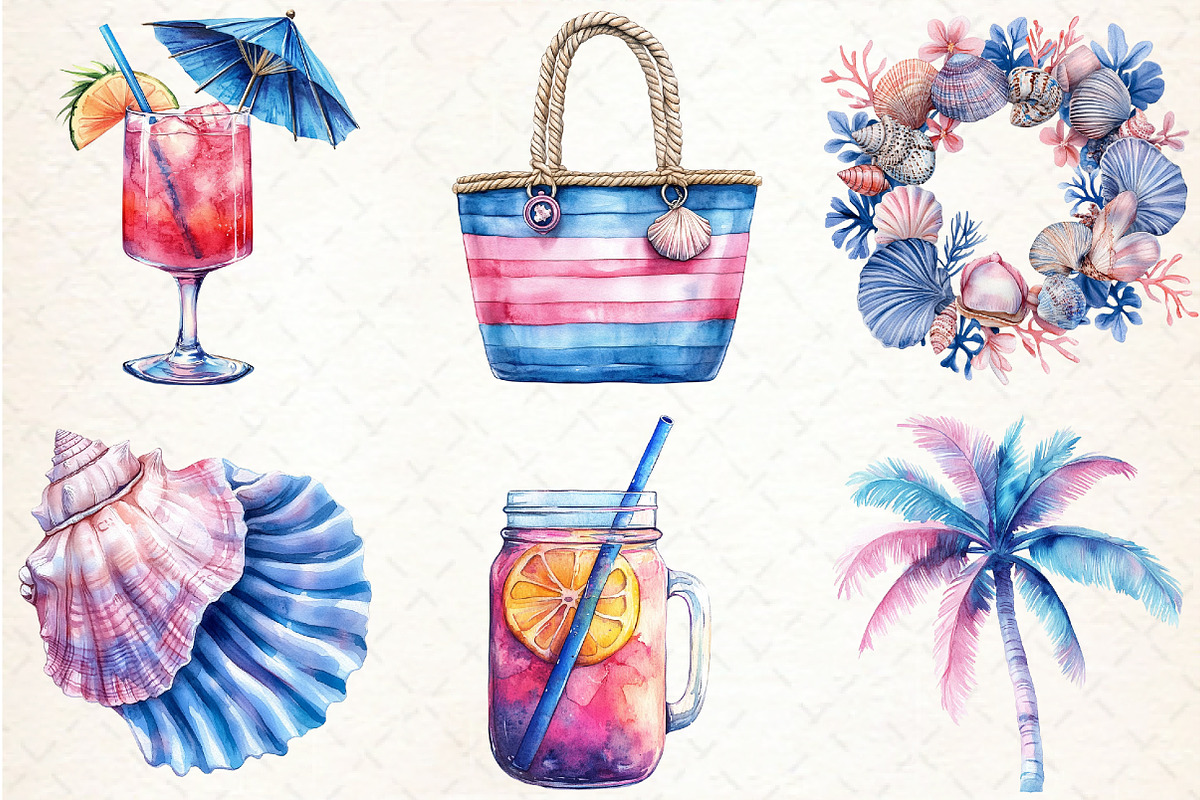 Summer Pink & Blue Coastal Clipart, an Illustration by Libby Wishes (Photo 2 of 7)