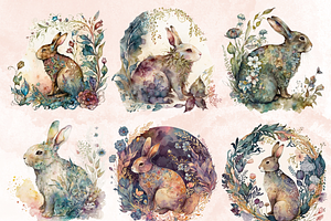 Watercolor Floral Rabbits Clipart