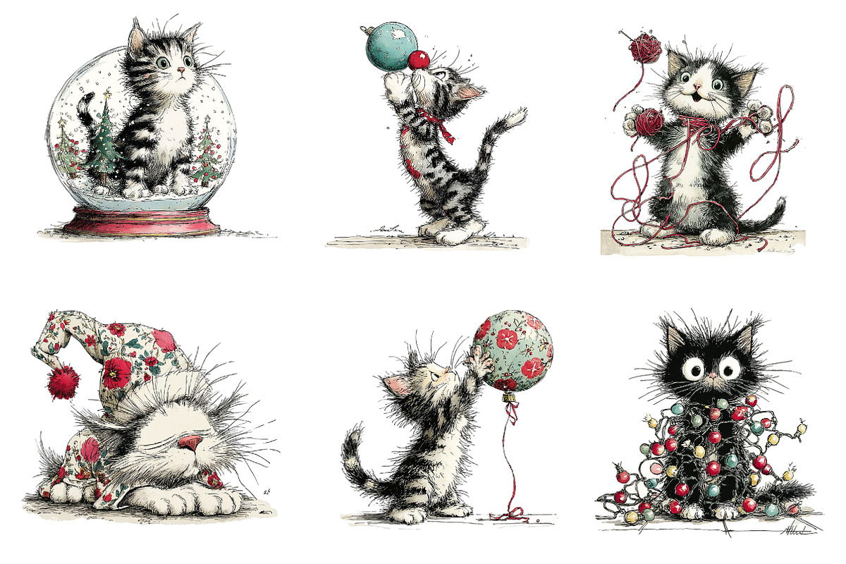 Whimsical Christmas Cats Clipart, an Illustration by CreationArt (Photo 5 of 5)