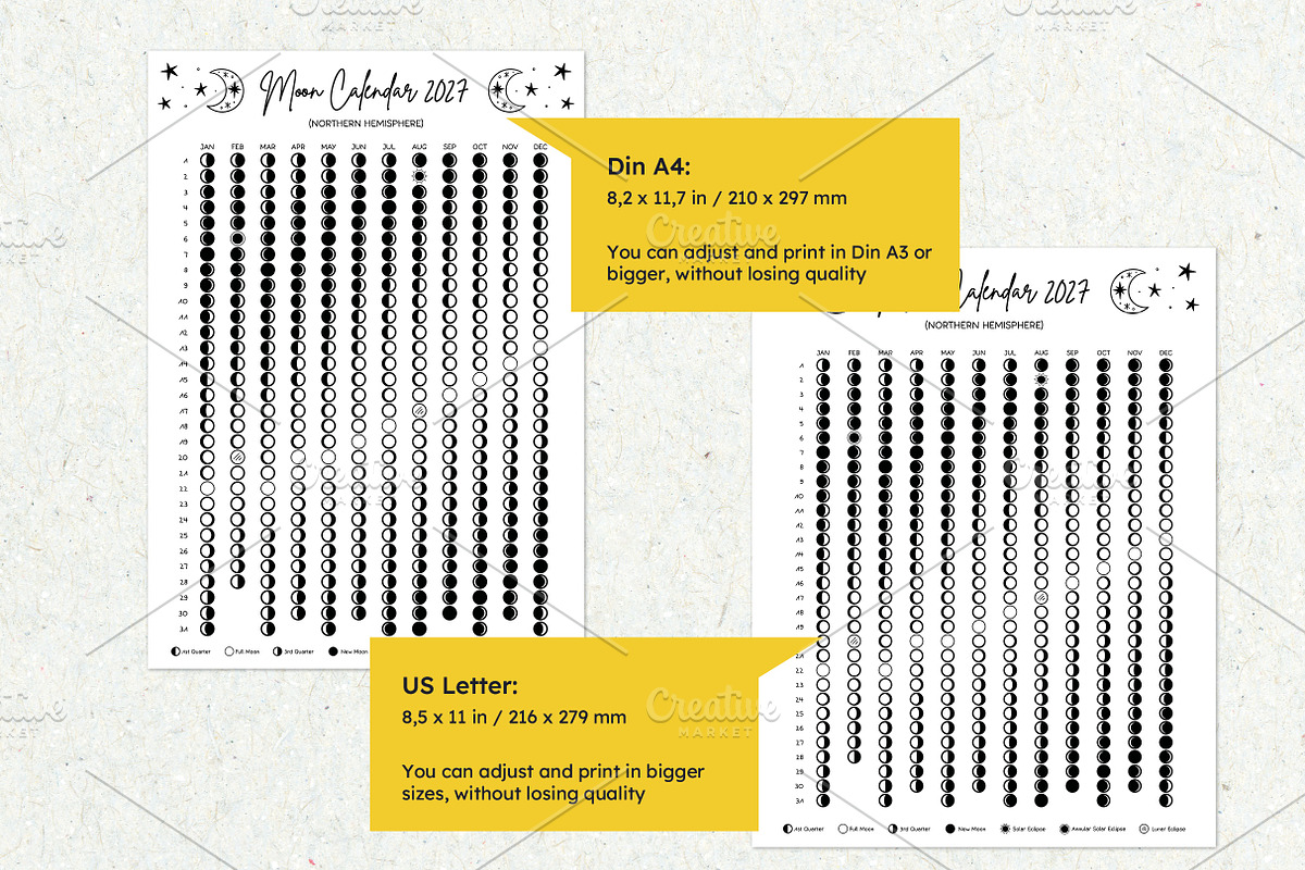 2027 Moon Phase Calendar B&W North, a Poster Template by insemar (Photo 2 of 4)