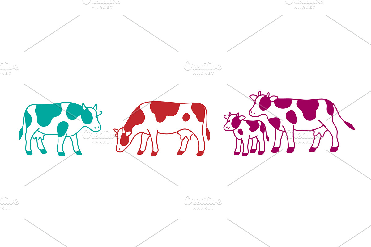 Colorful flat cows and calves in, an Animal Illustration by GraphiShop