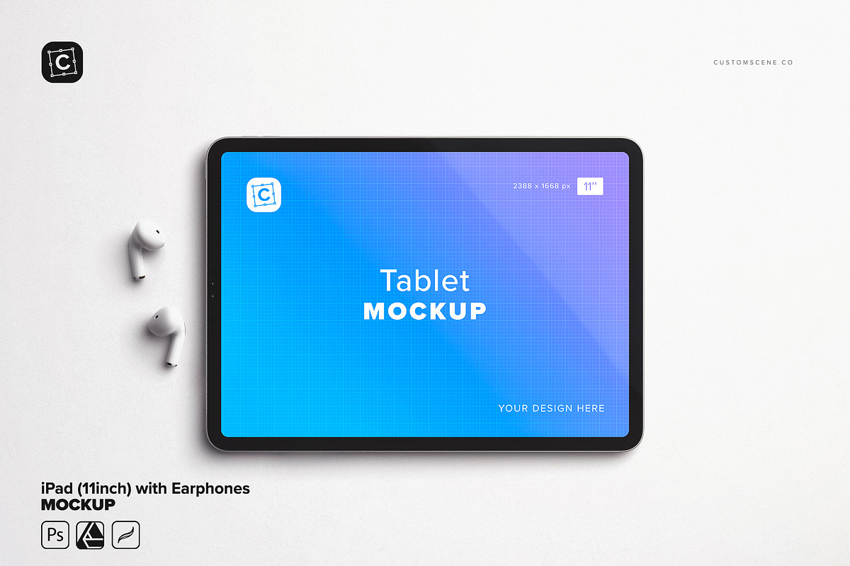 iPad Mockup (11inch) with Earphones, a Product Mockup by Custom Scene (Photo 2 of 8)