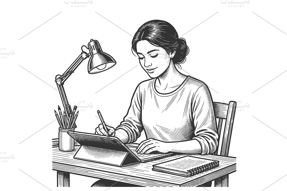 Woman Drawing on Tablet Creative, a Person Illustration by AlexArt