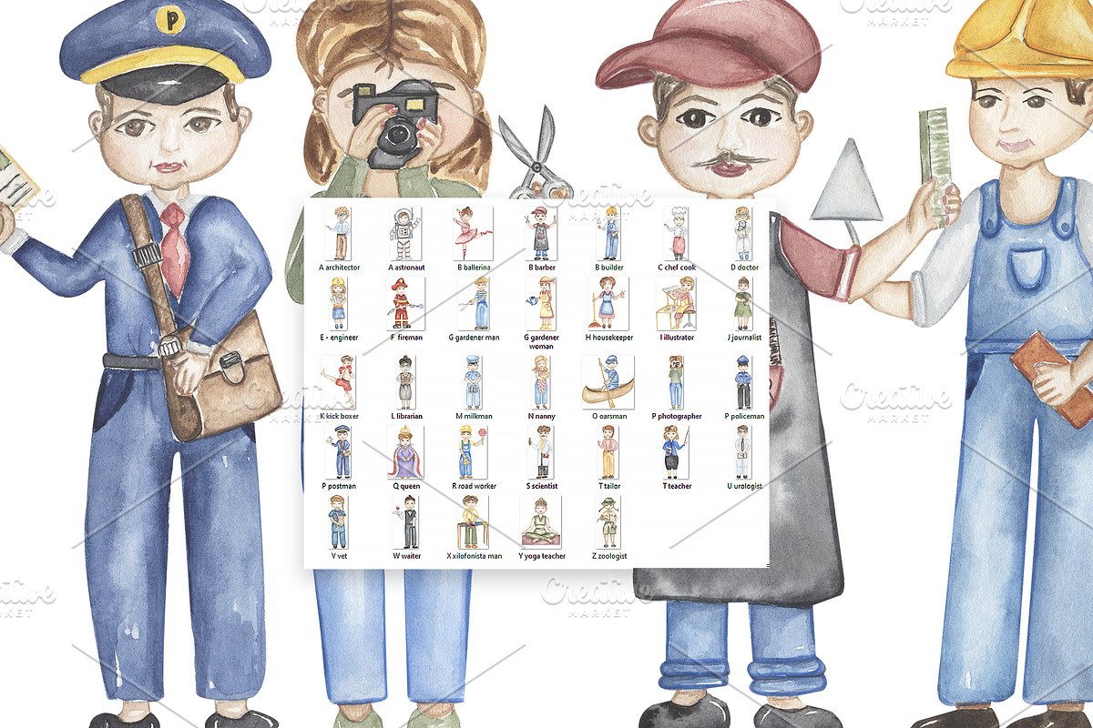 Watercolor Cute Alphabet Professions, an Education Illustration by MayaNavits (Photo 10 of 12)