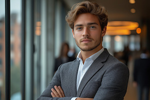 A confident young Caucasian male in a suit stands with arms crossed, exuding pr, a Person Photo by ImageMir
