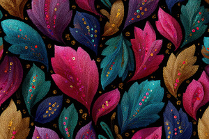 Vibrant embroidered leaves dark back, an Abstract Photo by Pixeness Studio