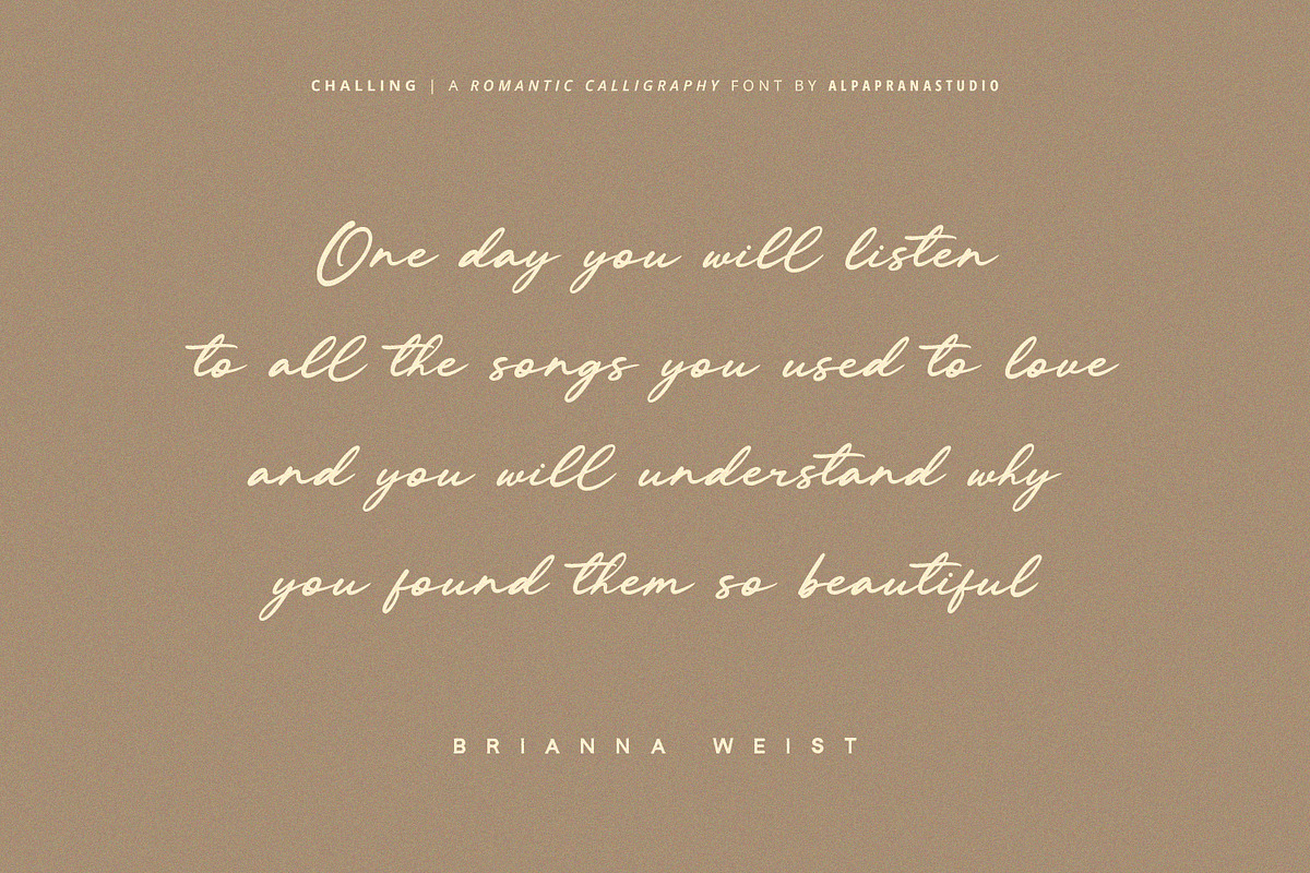 Challing - Romantic Calligraphy Font, a Script Font by Alpaprana (Photo 4 of 12)