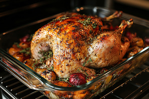 Cooking roasted turkey on tray in the oven. Thanksgiving day, a Food & Drink Photo by AlyaAnd