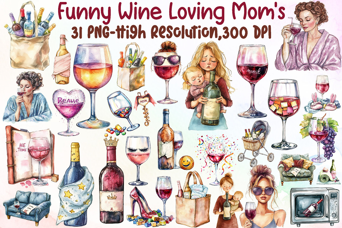 Funny Wine Loving Mom's Clipart, an Illustration by Sublimation Artist (Photo 1 of 6)