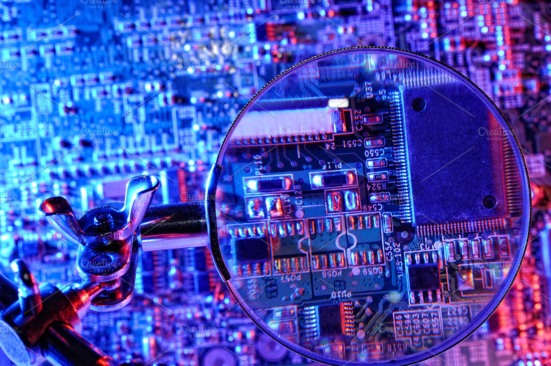 Microcontroller board with magnifier containing circuit, board, and processor, a Technology Photo by Davizro's Market