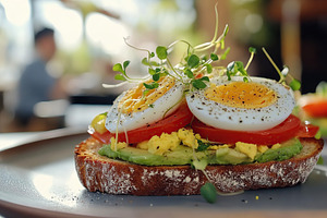 Delicious toast bread with avocado, boiled egg, tomatoes and mic, a Food & Drink Photo by AlyaAnd