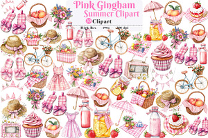 Bohemian Pink Gingham Summer Clipart, an Illustration by Watercolor design