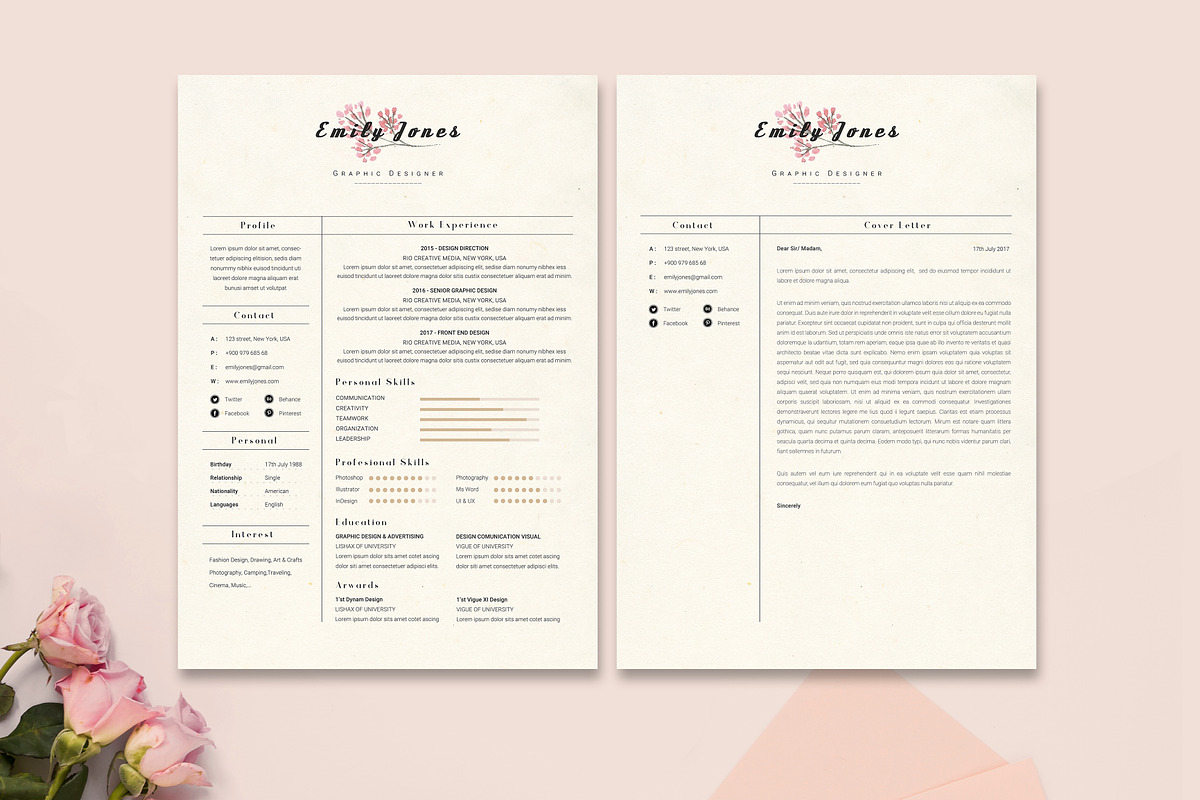 Floral Resume CoverLetter Template C, a Resume Template by Showy68 Template (Photo 1 of 5)