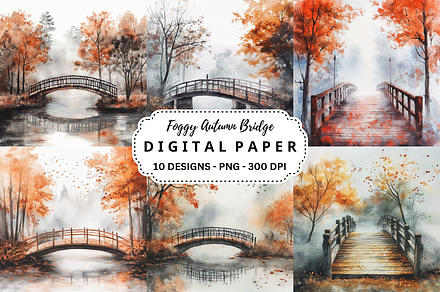 Foggy Autumn Bridge, a Background Graphic by PcuDesigns Illustrations