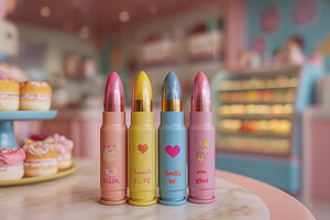 A colorful display of four lipsticks in pastel shades, featuring playful design, an Arts & Entertainment Photo by Textures & Backgrounds