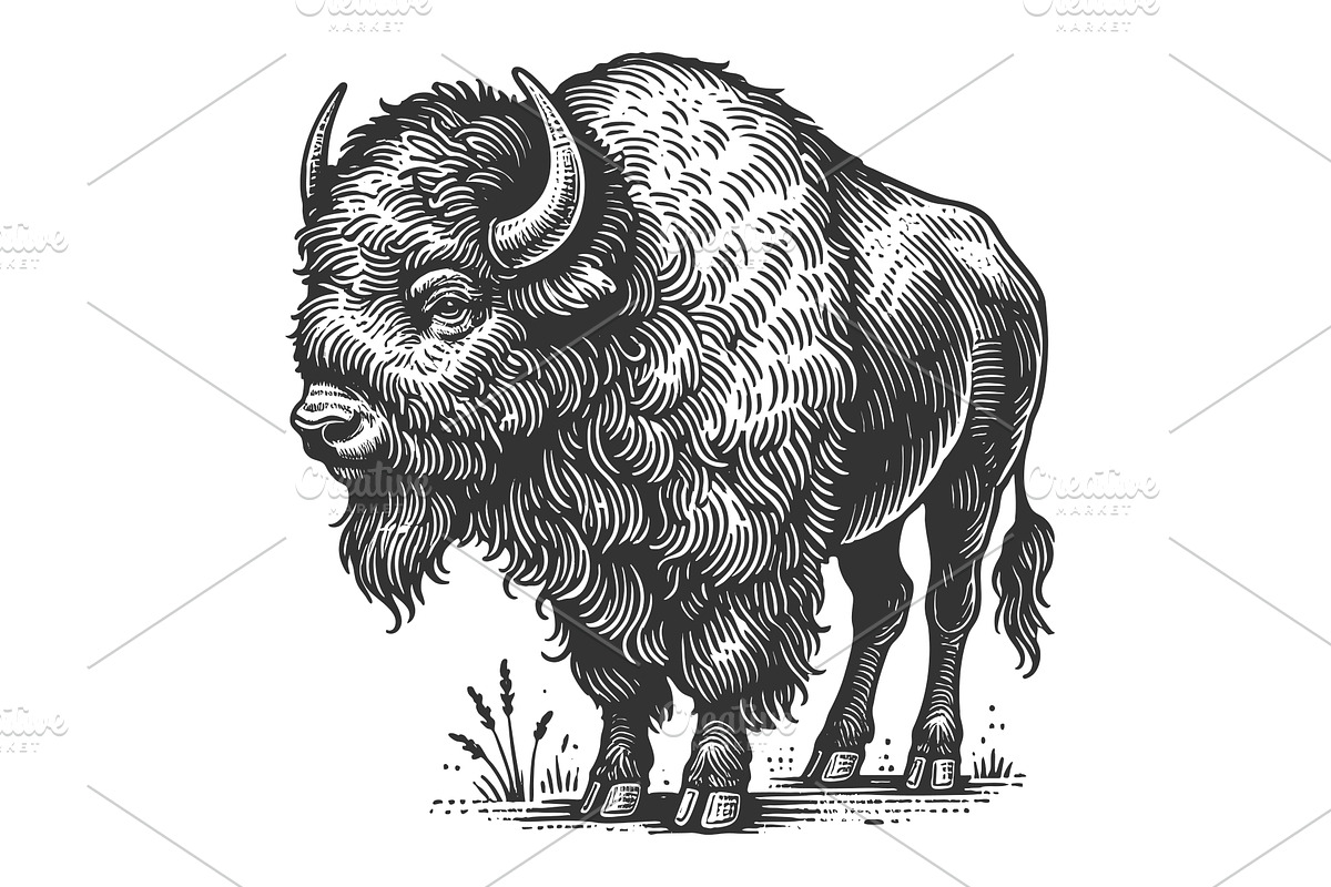 Buffalo engraving sketch vector, an Animal Illustration by AlexArt