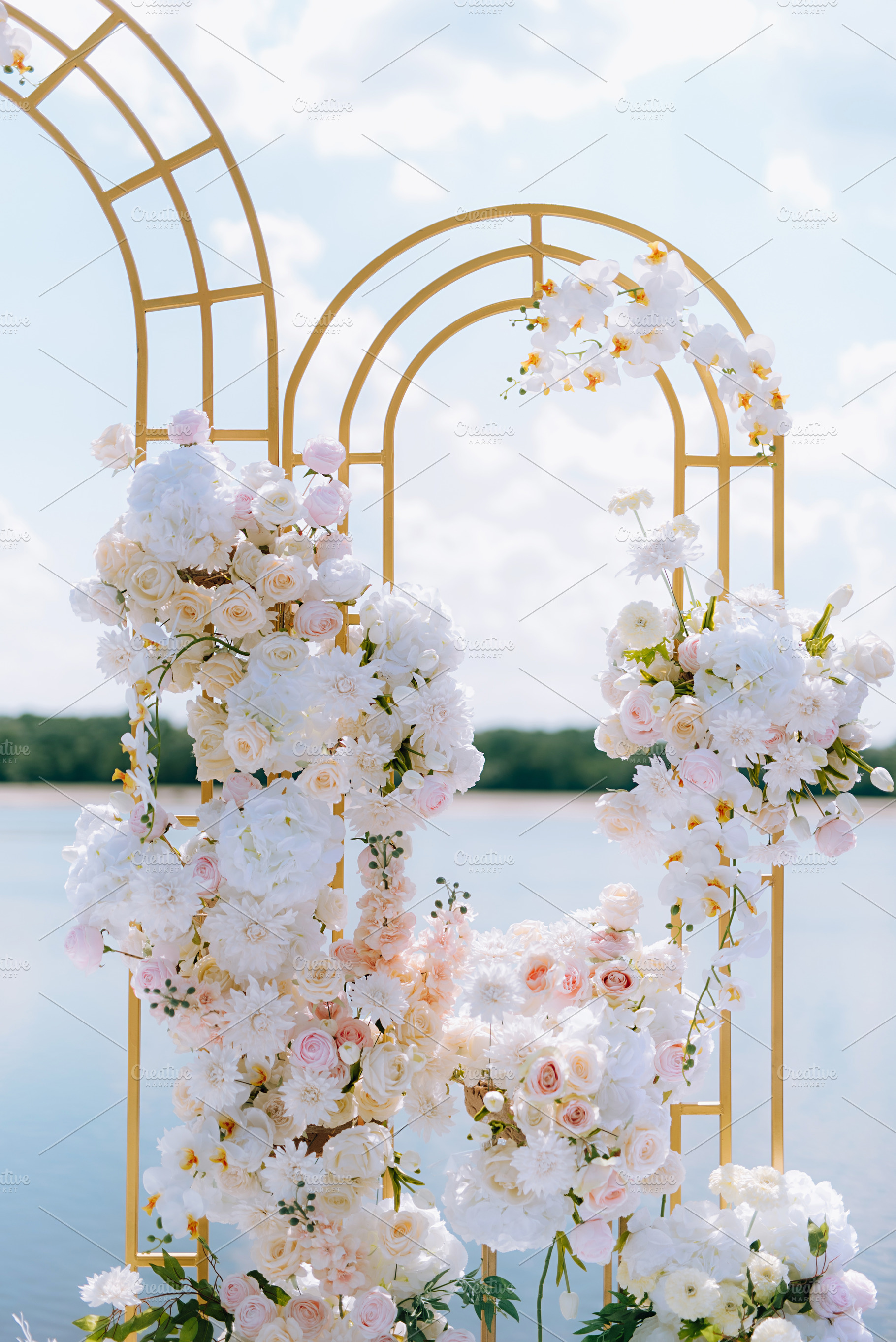 wedding ceremony area, arch chairs decor, a Food & Drink Photo by Weddings, People, Travel