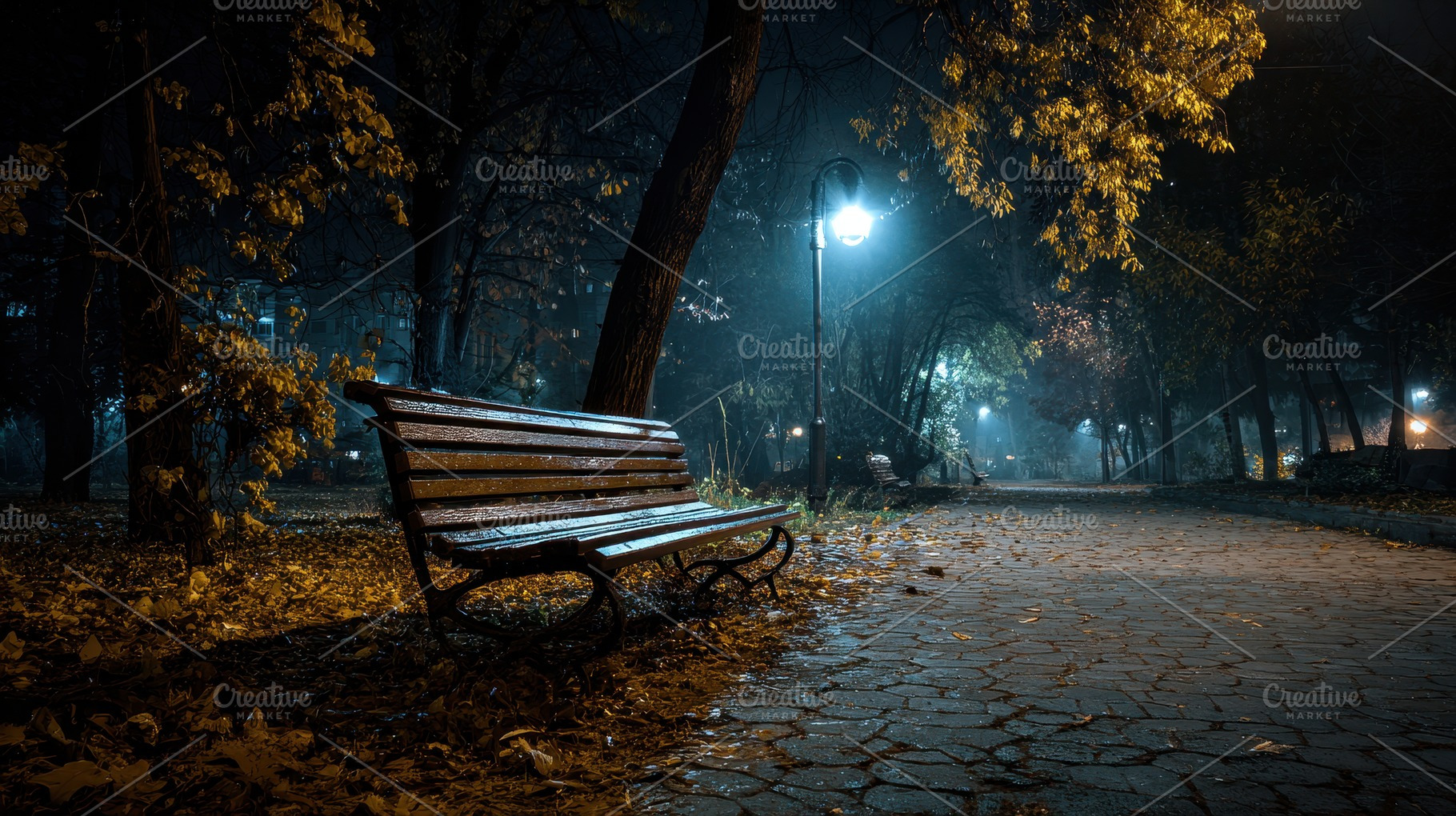 Night view of a park bench under, a Photo by Pavel_design