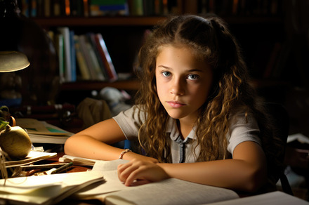 Environmental portrait of a caucasian girl student sitting at a, a Person Photo by designvectx