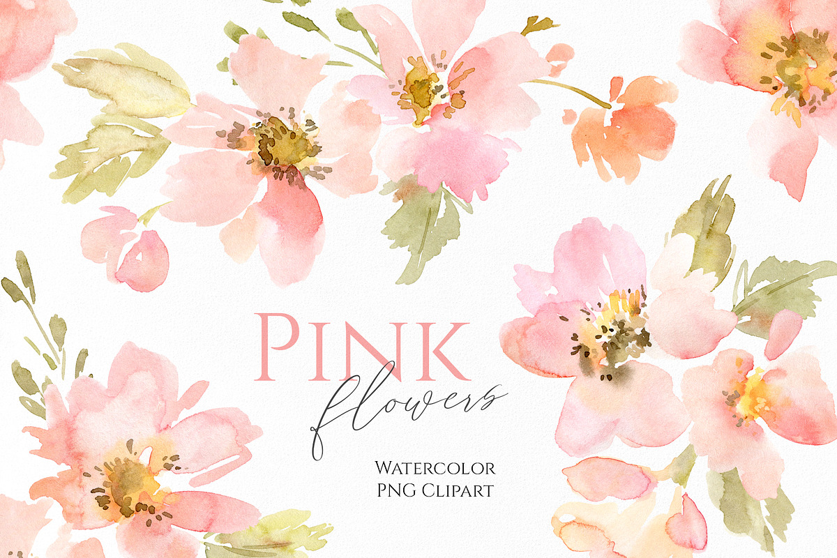 Watercolor Pink Flowers Green Leaves, an Illustration by GraphicsDish (Photo 1 of 4)