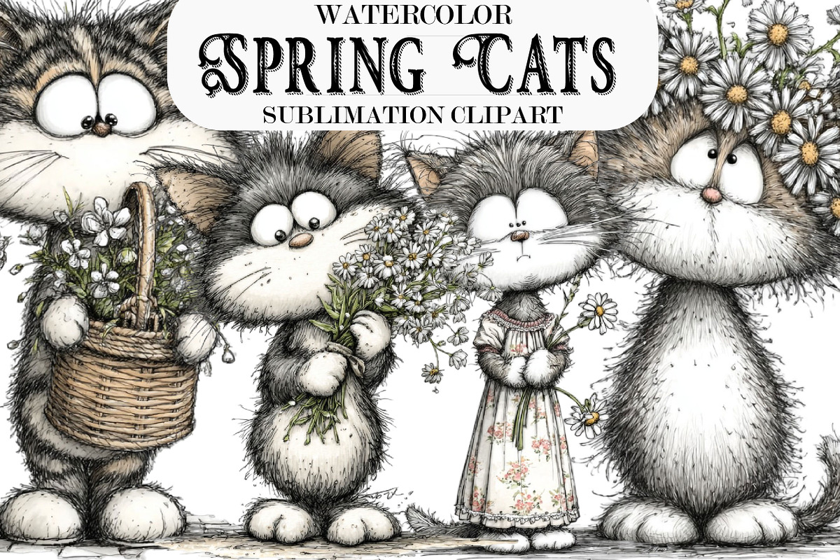 Whimsical Spring Cats Clipart, an Illustration by Designking (Photo 1 of 5)