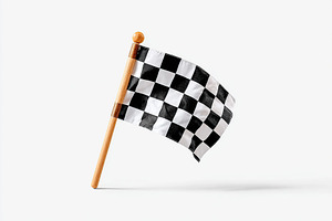 Checkered race flag waving on wooden pole in an outdoor racing environment, a Photo by AlyaAnd