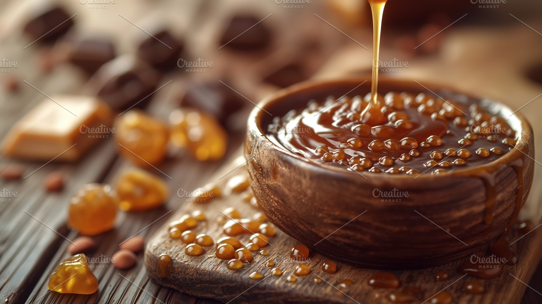 A delicious bowl of golden honey drizzles onto a rustic wooden t, a Food & Drink Photo by ImageMir