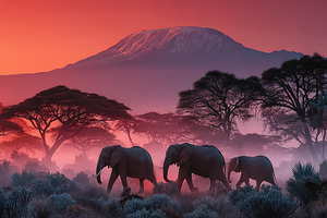 African elephants walking through savanna at sunrise with Mount, a Nature Photo by José Manuel Gelpi