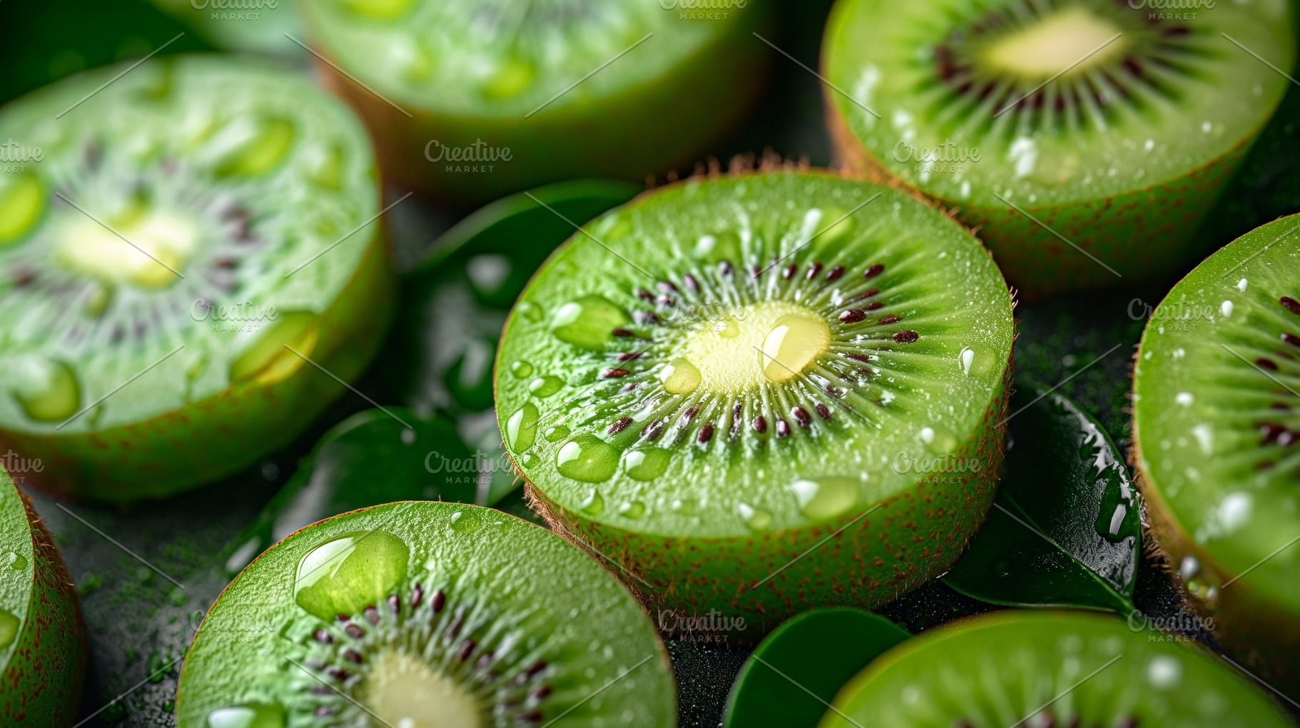 Close-up of vibrant green kiwi slices with water droplets, showc, a Food & Drink Photo by ImageMir