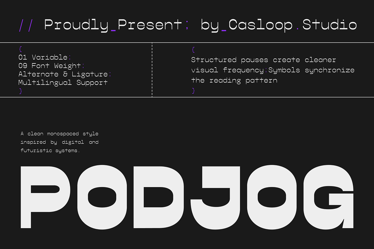 Podjog – Minimalist Monospace Font, a Sans Serif Font by Casloop Studio (Photo 1 of 10)