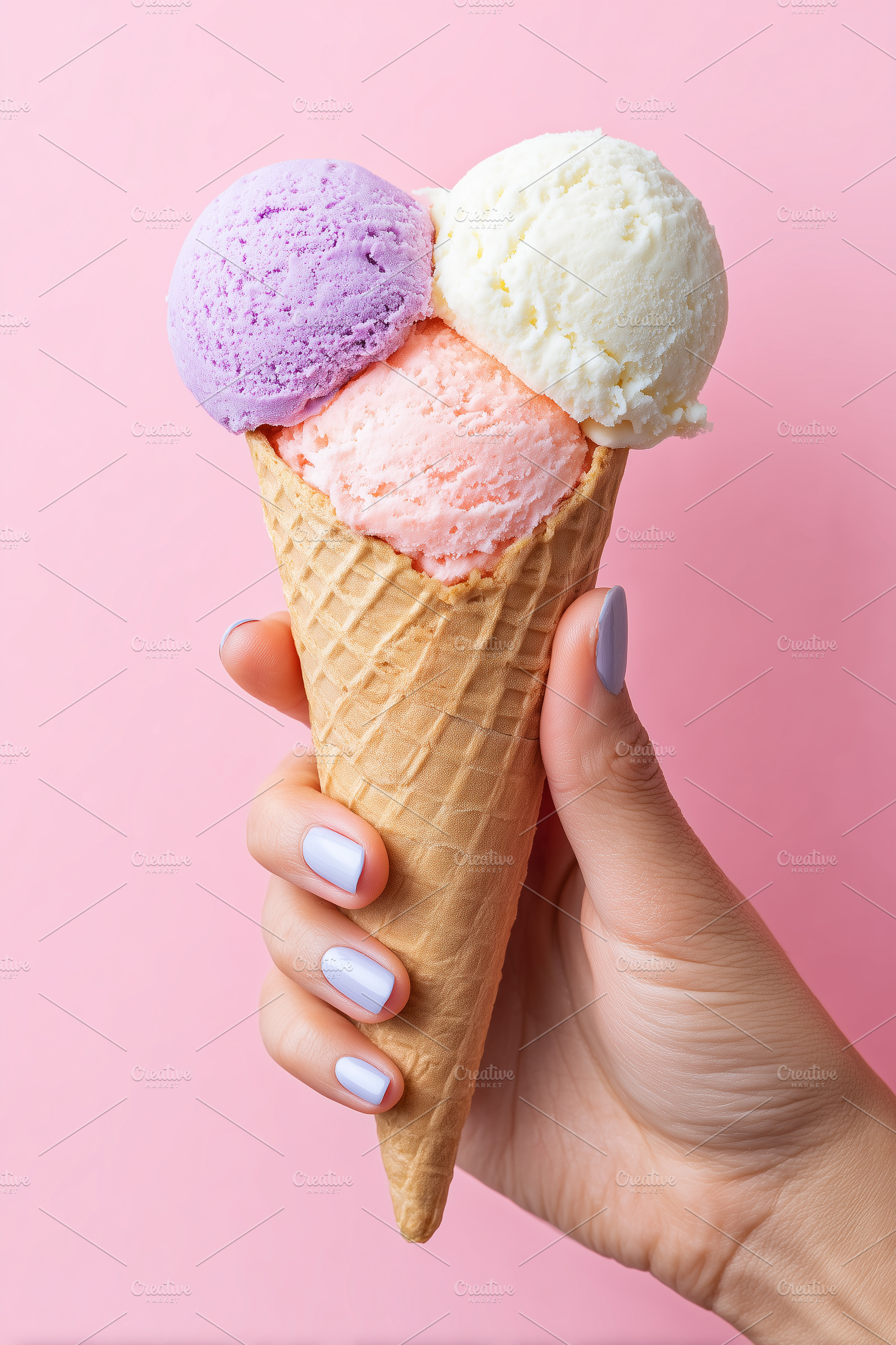 Hand holding a waffle cone with, a Food & Drink Photo by MistyDay