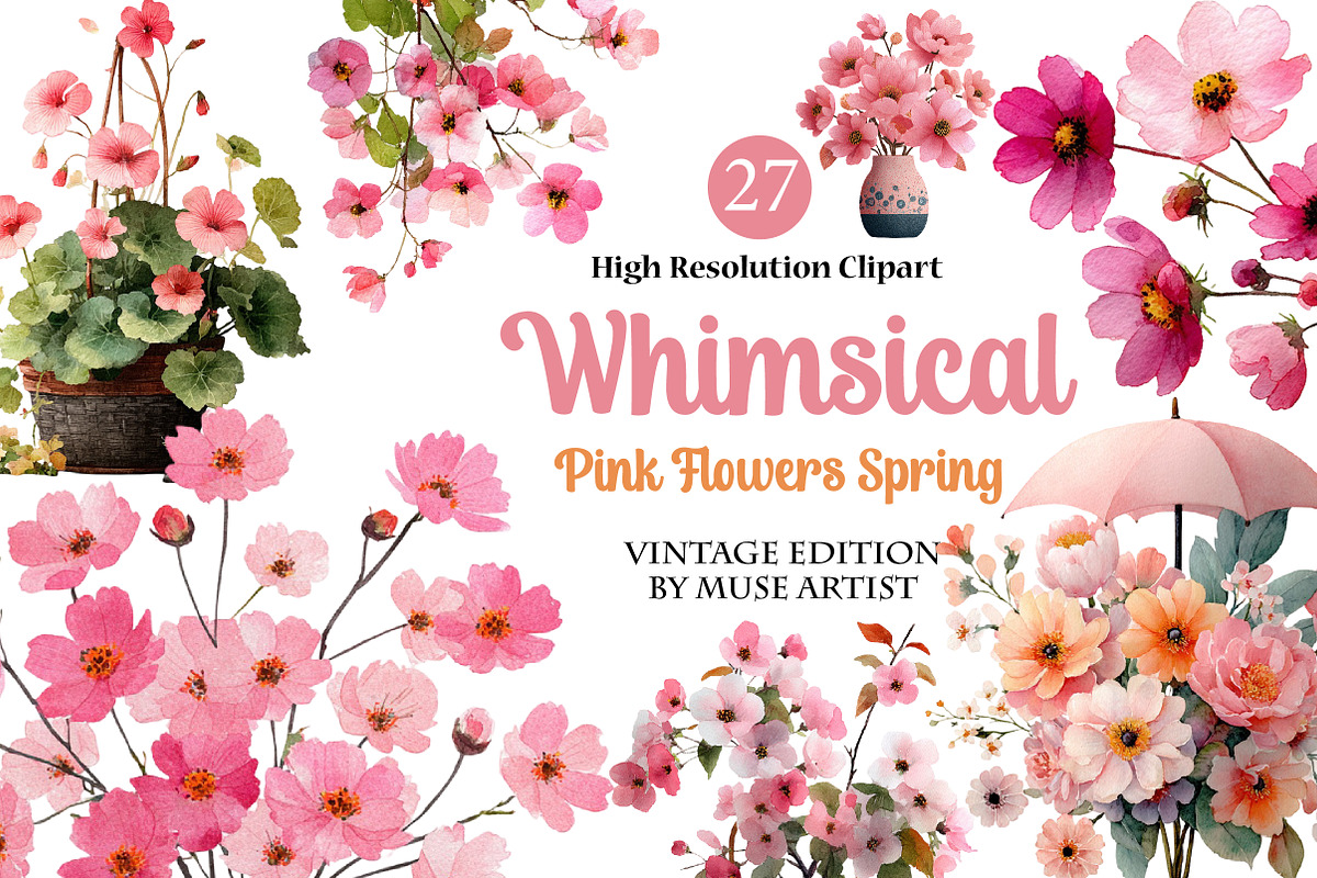 Whimsical Pink Flowers Spring Clipar, an Illustration by DreamArtGraphic (Photo 1 of 4)