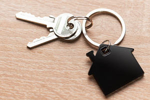 House keys with house shaped keychain on wood, a Business Photo by Olena Rudo