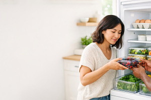 Couple organizing fridge with clear, a Photo by Dvoevnore photos