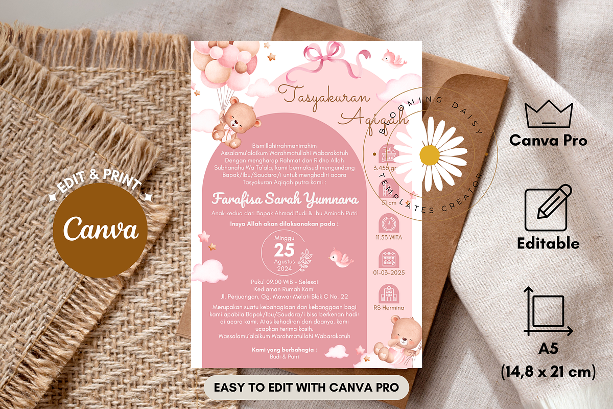 Baby Bear Holding Balloons Canva, an Invitation Template by Blooming Daisy (Photo 1 of 4)