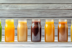 Variety of colorful smoothies in gla, a Photo by Dvoevnore photos