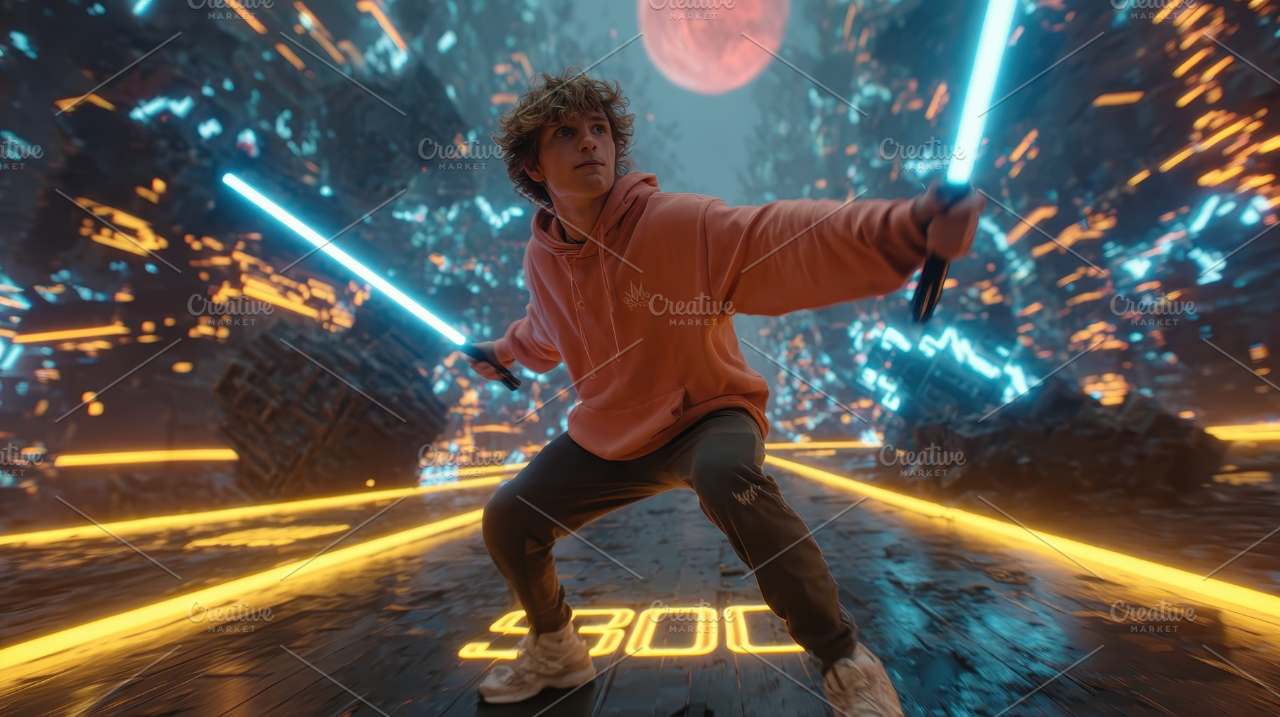 Young man wielding dual lightsabers, a Photo by Pixeness Studio