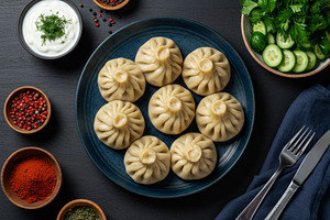 Traditional khinkali dumplings serve, a Food & Drink Photo by professorinc