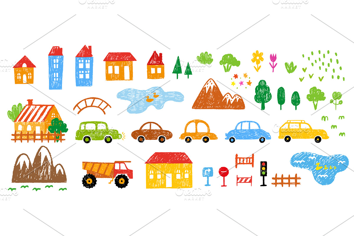 Vibrant crayon drawing countryside, a Transportation Illustration by Valerie Bodnar