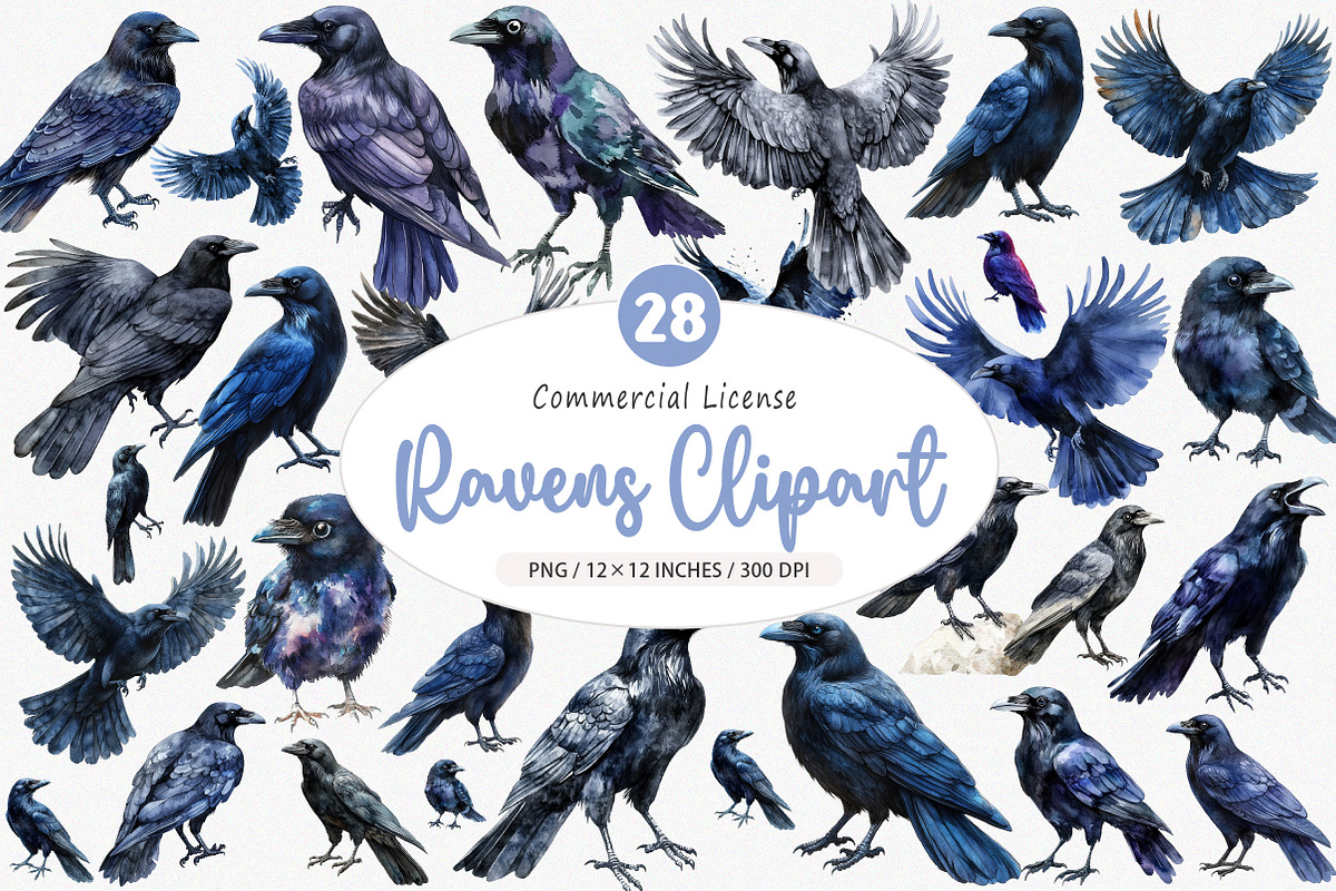 Watercolor Ravens Clipart, an Illustration by SinaCreation (Photo 1 of 5)