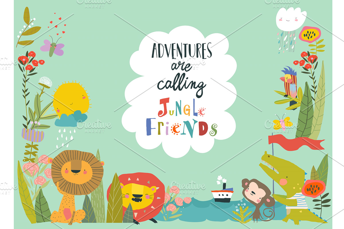 Cute Cartoon Lions With Crocodile, an Animal Illustration by Maria Starus