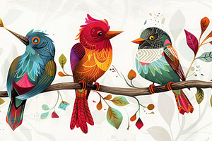 Four vibrant, stylized birds perch o, a Photo by LOGOCREATIVE