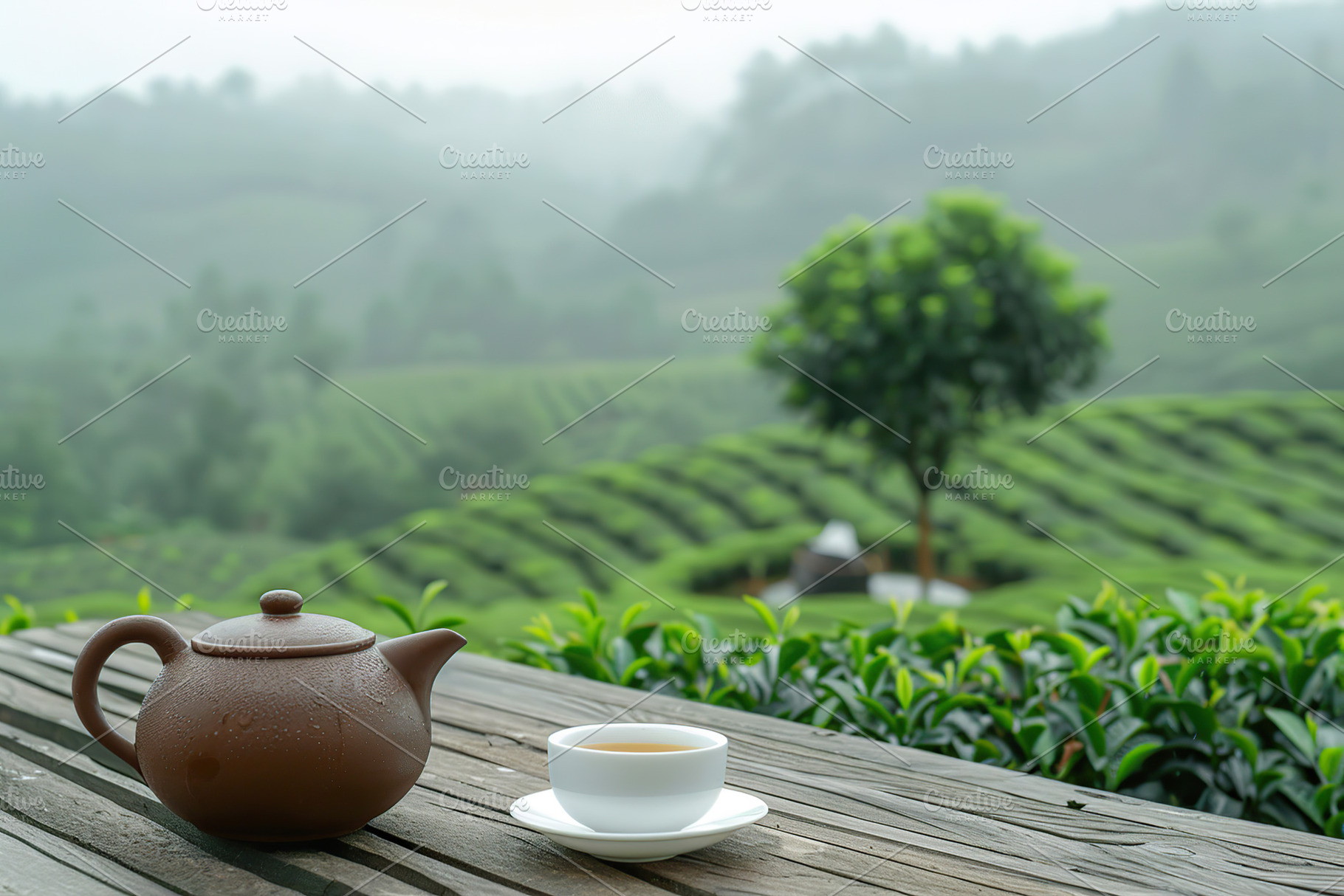 Cup of tea and teapot on wooden table on green tea plantation ba, a Food & Drink Photo by AlyaAnd