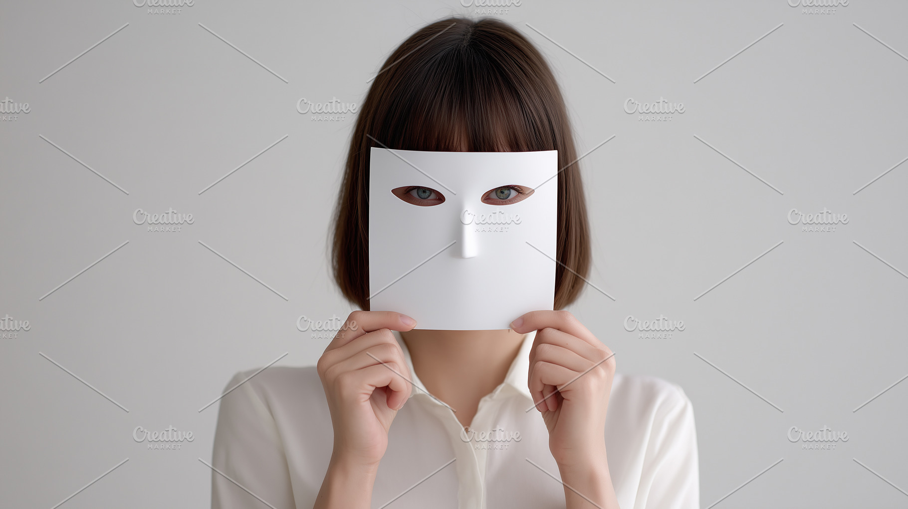 Woman holding white paper mask with, a Person Photo by MistyDay