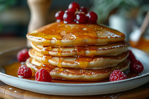 Delicious stack of fluffy pancakes drizzled with syrup, topped w, a Food & Drink Photo by ImageMir