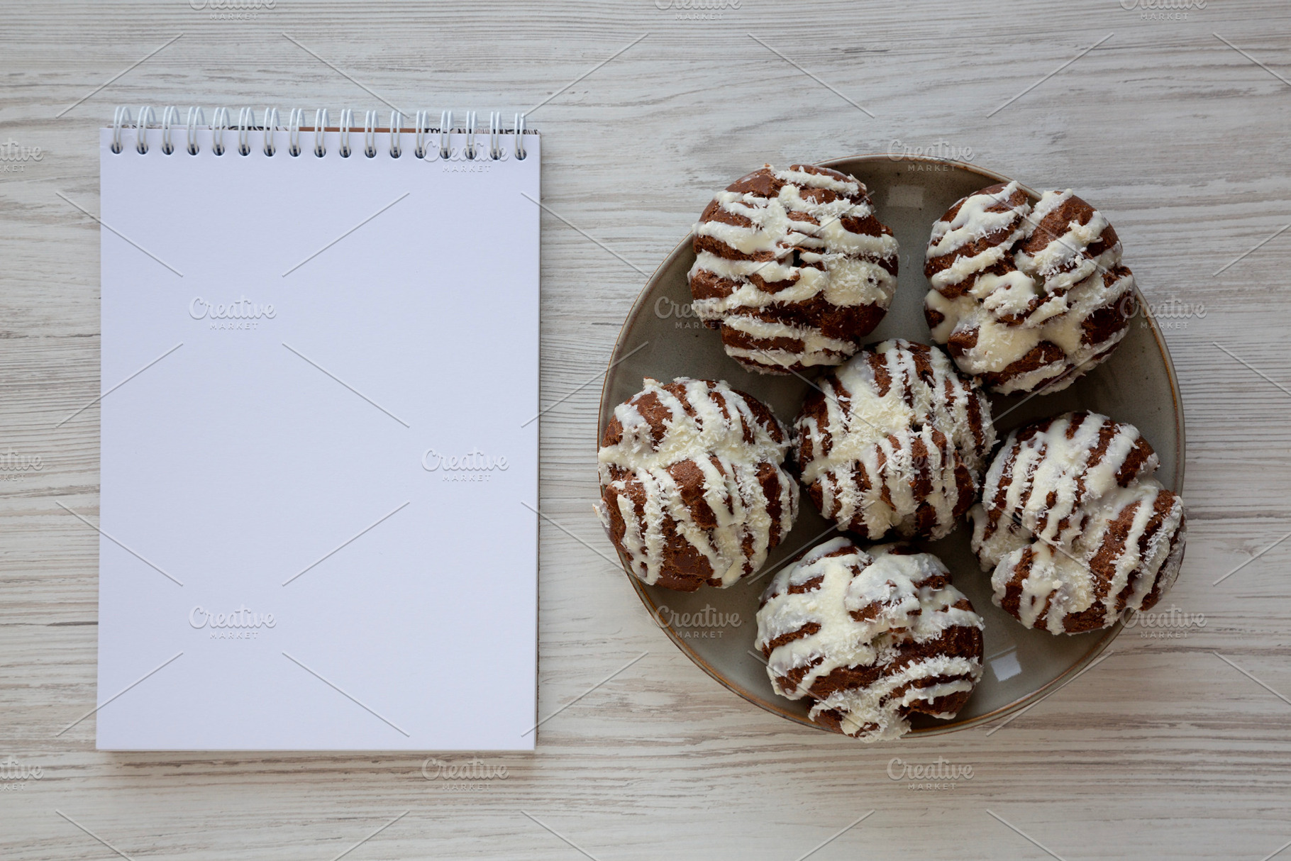 Homemade Profiteroles with Coconut Cream on a Plate, Blank Notep, a Food & Drink Photo by LiudmylaChuhunova