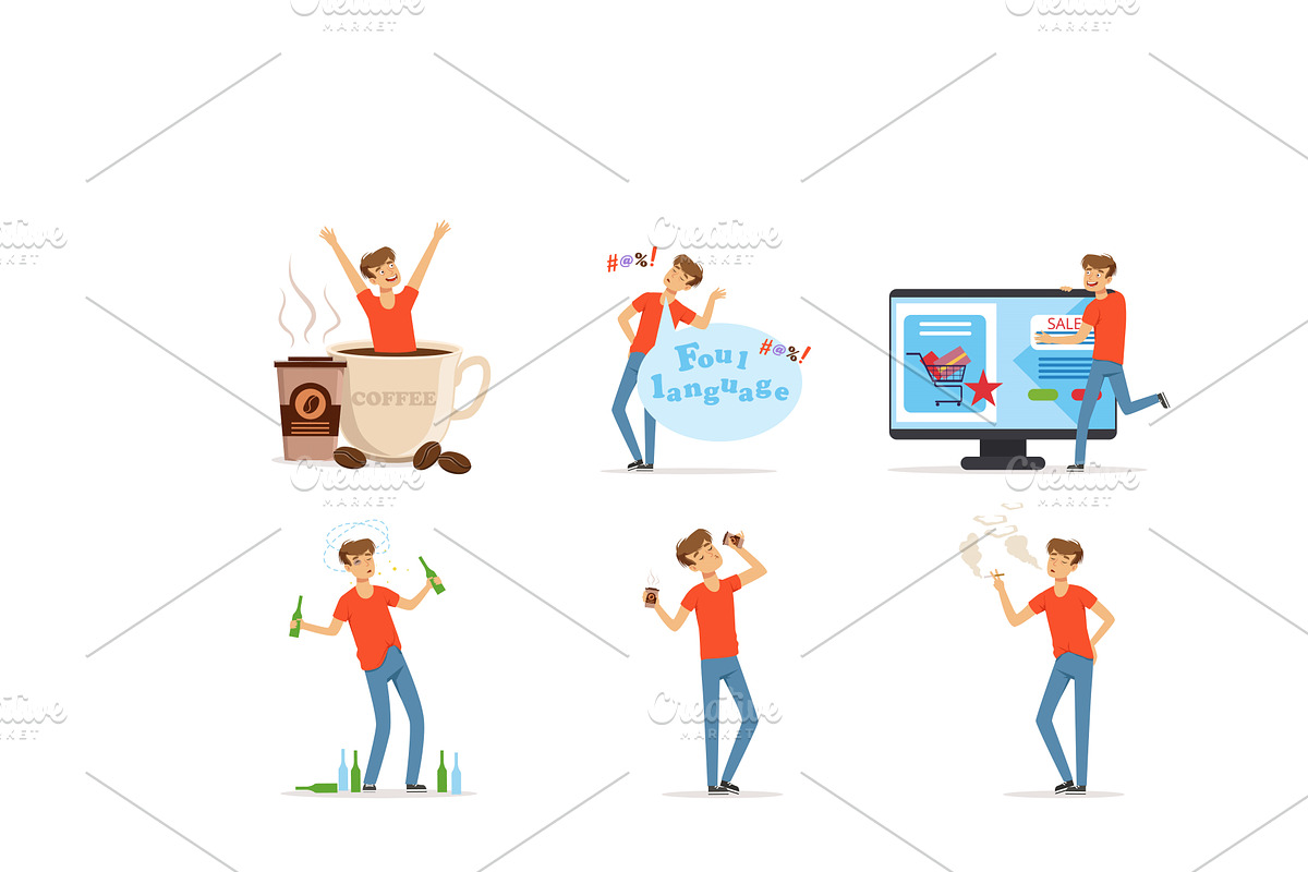 Young Man Having Bad Habits Vector, a Person Illustration by TopVectors